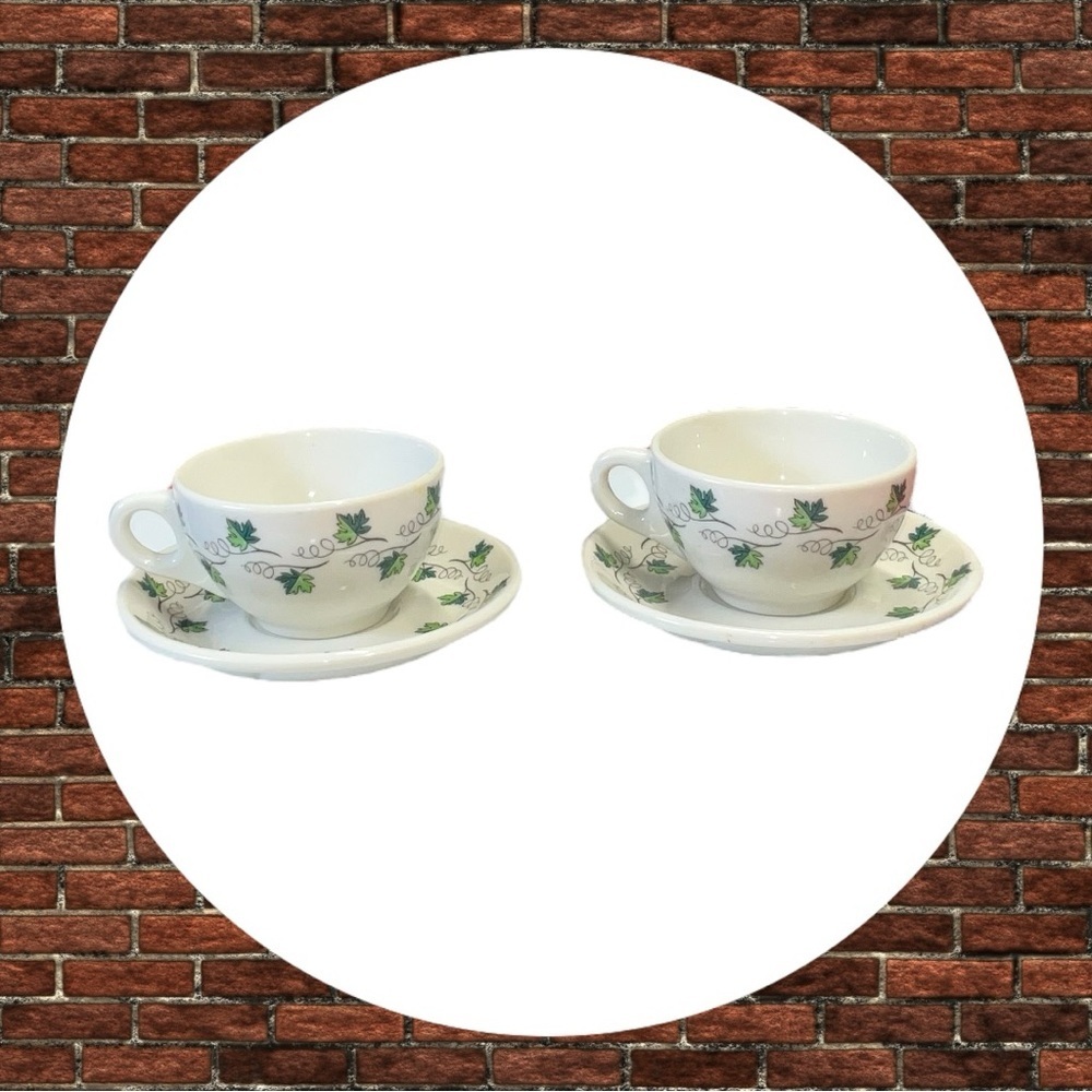 Vintage Syracuse China Green Concord Pattern Restaurant Ware Coffee Cups/Saucers